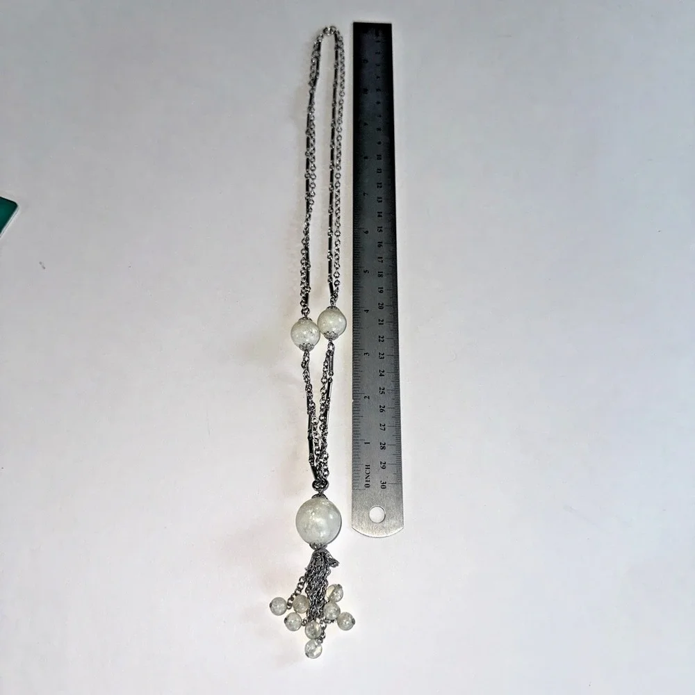 Tassel Pendant Necklace Womens OS Silver Clear Faux Pearl Crackle Glass